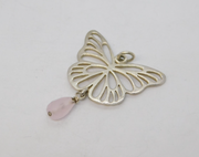Sterling Silver Butterfly Rose Quartz Drop Pendant Vintage c1970