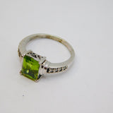 Sterling Silver Emerald Cut Peridot & Diamond Ring Vintage c1970 Size N 1/2