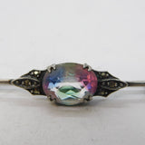 Art Deco Sterling Silver, Iridescent Glass & Marcasite Bar Brooch Antique