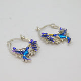 Pair of Sterling Silver Colourful Enamel Hummingbird Hoop Earrings Modern c1990