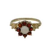 Sterling Silver 8 Garnet & Opal Cluster Dress Ring Vintage c1970 Size L 1/2