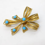 Sterling Silver Gilt & Turquoise Set Filigree Bow Brooch Antique c1930s