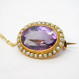 Victorian 9ct Gold, Faceted Amethyst & Seed Pearl Button Brooch Antique