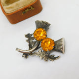 Scottish Sterling Silver Citrine Set Thistle Brooch Antique c1930 Art Deco