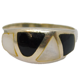 Sterling Silver Black Enamel & Mother Of Pearl Ring Vintage c1970 Size L 1/2