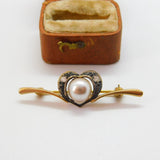 Sterling Silver Gilt, Pearl & Spinel Heart Shaped Brooch Antique c1930 Art Deco