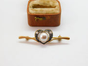 Sterling Silver Gilt, Pearl & Spinel Heart Shaped Brooch Antique c1930 Art Deco