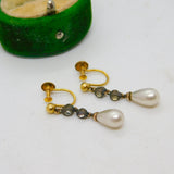 9ct Yellow Gold, Paste & Simulated Pearl Screw-Back Drop Earrings Antique c1920