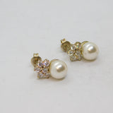 Pair of Sterling Silver Pearl & CZ Floral Cluster Stud Earrings Vintage c1990