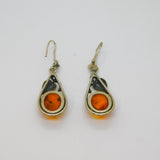 Pair of Sterling Silver Chunky Baltic Amber Floral Drop Earrings Vintage c1970