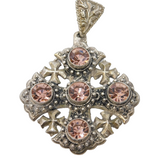 .950 Grade Silver Pink Paste Set Jerusalem Cross Large Pendant Vintage c1970