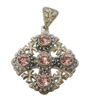 .950 Grade Silver Pink Paste Set Jerusalem Cross Large Pendant Vintage c1970