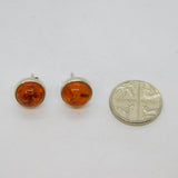 Pair of Sterling Silver Cabochon Baltic Amber Round Stud Earrings Vintage c1970