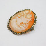 900 Silver Marcasite & Carved Shell Cameo Art Deco Brooch/Pendant Antique c1920