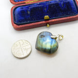 Sterling Silver Carved Labradorite Heart Charm Pendant Vintage c1970