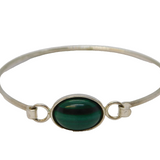 European .835 Silver & Cabochon Green Malachite Bangle Bracelet Vintage c1980