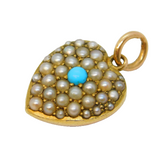Victorian 14ct Gold Pave Set Pearl & Turquoise Puffy Heart Locket Pendant c1890s