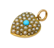 Victorian 14ct Gold Pave Set Pearl & Turquoise Puffy Heart Locket Pendant c1890s