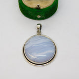 Sterling Silver & Blue Lace Agate Drop Pendant Vintage c1960