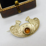 Victorian Scottish Silver Plated Citrine Set Thistle Brooch Pin Antique c1900