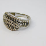 Sterling Silver Black & Clear Paste Crossover Band Ring Vintage c1970 Size M 1/2