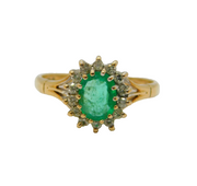 9ct Yellow Gold, Emerald & Diamond Floral Engagement Ring Vintage 1987 London
