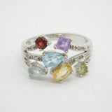 9ct White Gold, Diamond, Aquamarine, Garnet & Topaz Dress Ring Vintage Sheffield