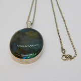 Sterling Silver & Large Labradorite Drop Pendant Necklace Vintage c1970s