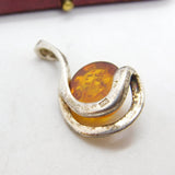 Sterling Silver Modernist Baltic Amber Set Drop Pendant Vintage c1960
