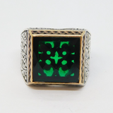 Sterling Silver Brass Fronted Green Glass Gothic Style Ring Vintage c1970 Size O