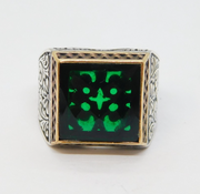 Sterling Silver Brass Fronted Green Glass Gothic Style Ring Vintage c1970 Size O