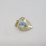 Sterling Silver Patterned Open Heart With Blue Glass Charm Pendant Vintage c1970