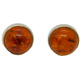 Pair of Sterling Silver Cabochon Baltic Amber Round Stud Earrings Vintage c1970