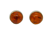 Pair of Sterling Silver Cabochon Baltic Amber Round Stud Earrings Vintage c1970