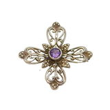 Sterling Silver Amethyst Floral Pattern Cross Brooch Pin Contemporary c1990