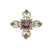 Sterling Silver Amethyst Floral Pattern Cross Brooch Pin Contemporary c1990