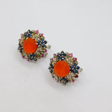 Pair of Sterling Silver Carnelian, Sapphire & Ruby Stud Earrings Modern c1990