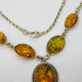 Sterling Silver Cabochon Baltic Amber Set Drop Necklace Vintage c1970