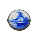 .835 Silver Delft Painted Porcelain Windmill Scene Brooch Pin Vintage c1950