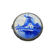 .835 Silver Delft Painted Porcelain Windmill Scene Brooch Pin Vintage c1950
