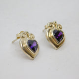 Pair of Sterling Silver Purple Crystal Heart Shape Stud Earrings Vintage c1990