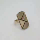 Sterling Silver Mother Of Pearl Zigzag Statement Ring Modern c1990 Size M 1/2