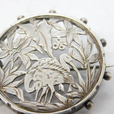 Victorian Sterling Silver Aesthetic Stork Floral Brooch Antique 1879 Birmingham