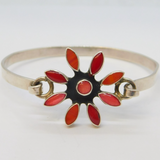 Mexican Sterling Silver & Red Agate Set Floral Bangle Bracelet Vintage c1970s