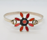 Mexican Sterling Silver & Red Agate Set Floral Bangle Bracelet Vintage c1970s
