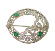 Art Deco 14ct White Gold, Emerald & Diamond Floral Dress Brooch Antique c1930s