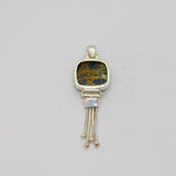 Sterling Silver Black & Brown Natural Stone Square Tassel Pendant Vintage c1970s