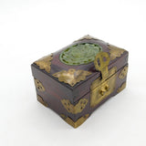 Chinese Lacquer, Brass Bounded & Carved Jade Panel Set Jewellery Box c1920