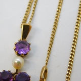 9ct Yellow Gold, Amethyst & Pearl Set Floral Drop Pendant Necklace Vintage