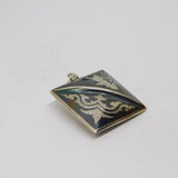 Sterling Silver Niello Enamel Patterned Square Charm Pendant Antique c1930